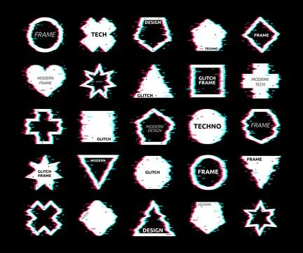 Glitch logo. Geometric shape with interference. Frame circle, square and cross Stock Illustration