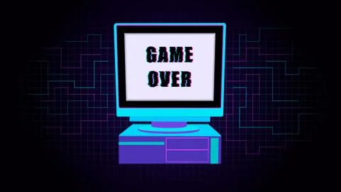 Glitch old personal computer. Retro pc with distorted inscription game over. Stock Illustration