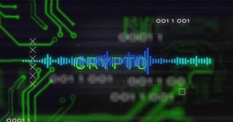 Glitch pulse hitting waveform, CRYPTO waveform pulsing, emitting traces and Illustrazione stock