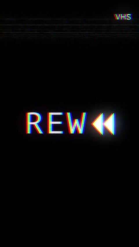 Glitch rewind VHS text glowing retro letters, black screen space, scan lines, ta Stock Footage 340576751