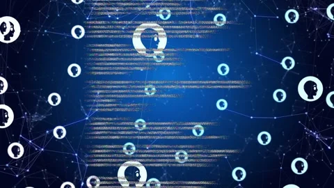 Glitch scanline appearing, central code column scrolling, avatars pulsing and Stock Footage 334337800