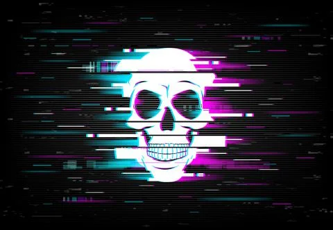 Glitch on screen with human skull vector backdrop Illustrazione stock