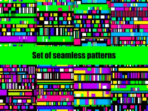 Glitch seamless patterns. Signal error, pixel mosaic. Computer screen error.  Stock Illustration
