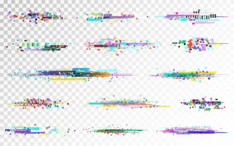Glitch set on transparent backdrop. Digital distortion collection. Color pixel Stock Illustration