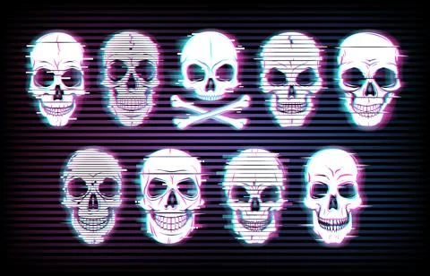 Glitch skulls vector distorted neon glow craniums Stock Illustration