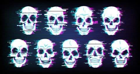 Glitch skulls vector distorted neon glow craniums Stock Illustration
