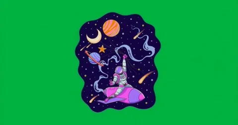 Glitch start scene flickering astronaut riding pink rocket showing cosmos on Vídeo Stock 317362668