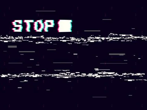Glitch stop on black backdrop. Retro VHS background. Old camera effect Stock Illustration