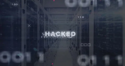 Glitch-style HACKED text floating in narrow server corridor, with binary digits Video stock 309255162
