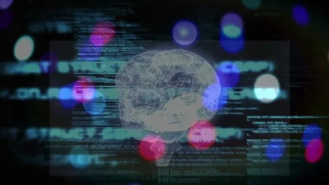 Glitch sweep starting, glassy brain becoming clear and rotating while code Stock Footage 329473068