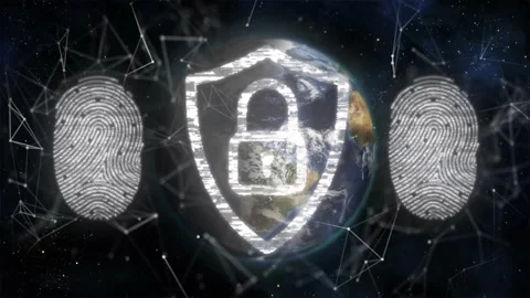 Glitch sweeping globe, shield lock pulsing, breaking and reforming for security Stock Footage 329551258