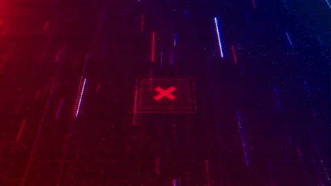 Glitch system failure alert visual with red cross icon, blue digital grid, noisy Stock Footage 340479350