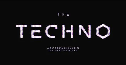 Glitch techno alphabet, digital distorted letters, display error font for Illustrazione stock