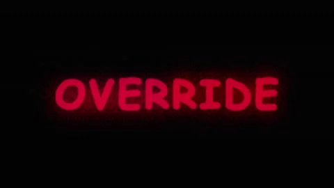 Glitch text OVERRIDE repeated with digital distortion in dark screen motion Video stock 344037105