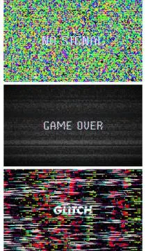 Glitch Texture pixel noise. Test TV Screen Digital VHS Background. Set of Error Stockillustratie
