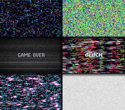 Glitch Texture pixel noise. Test TV Screen Digital VHS Background. Set of Error Stock Illustration