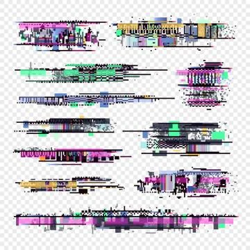 Glitch vector elements. Glitched computer screen digital noise collection Stock Illustration