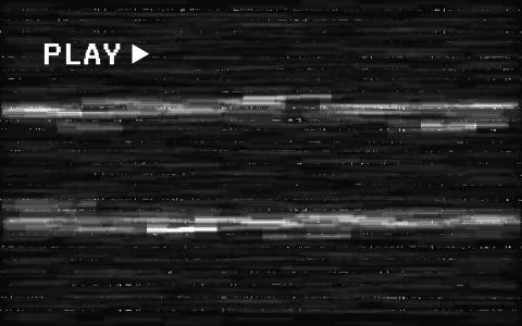 Glitch VHS camera template. White analog distortions effect. Play icon on black Illustrazione stock