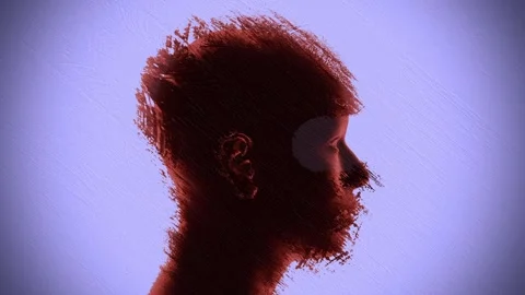Glitched red 3D Human head on mauve purple color background. 4k Loop. Stock Footage 267590407