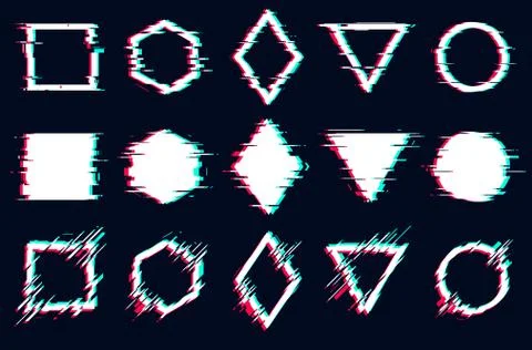 Glitched square, hexagon, rhombus, triangle and circle frames, Vector glitch  イラスト素材