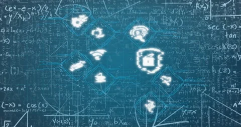 Glitches fragmenting formulas into circuit nodes, fading icons and pulsing Stock Footage 315543236