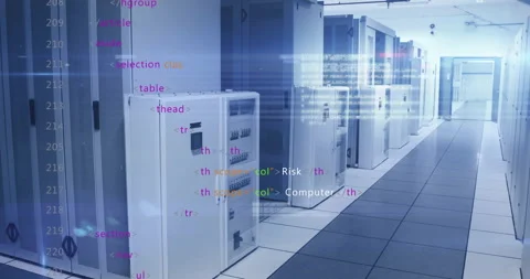 Glitches rippling with code overlay appearing camera panning server cabinets Stock Footage 312845349