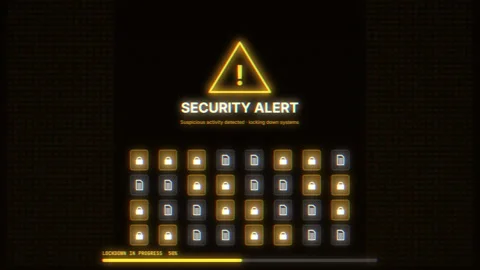 Glitching amber security alert screen with warning triangle as file icons l.. Vídeo Stock 346958465