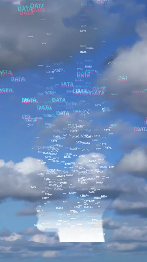 Glitching Artificial Intelligence Head with Data Flow and Cloud Background Stock Footage 338192265