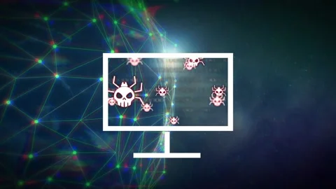Glitching binary code starting monitor forming pink X, spawning malware, red ban Video stock 335761592