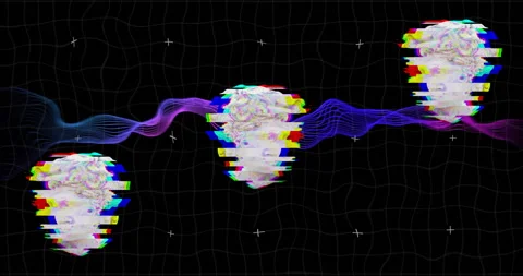 Glitching classical busts and colorful waves over black grid background Video stock 306339019
