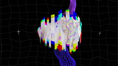 Glitching classical busts and colorful waves over black grid background Video stock 312581985