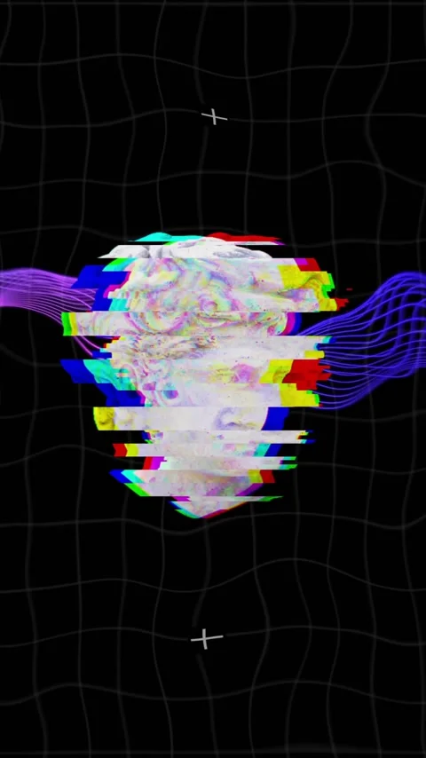 Glitching classical busts and colorful waves over black grid background Video stock 323780823