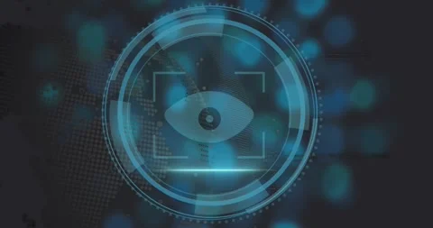 Glitching Cyber Security title starting HUD, HUD eye scanning stabilizing for Stock Footage 329576162