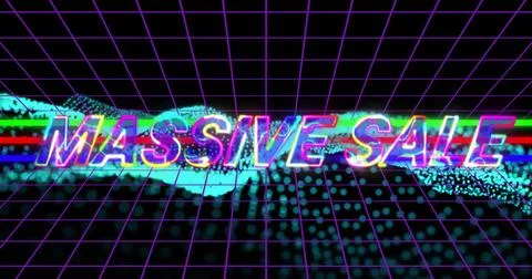 Glitching glitchy 3D text MASSIVE SALE hovering in tunnel, with purple wireframe Illustrazione stock