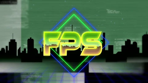 Glitching green background revealing neon yellow FPS logo pulsing over grid Stock Footage 311416136