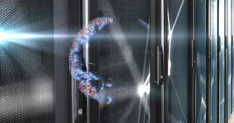 Glitching holographic ring floating between dark cabinets in server room Stock Illustration