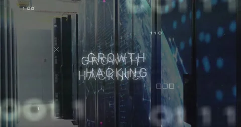 Glitching HUD sliding in, GROWTH HACKING title on racks glitching, settling to Video stock 327943402