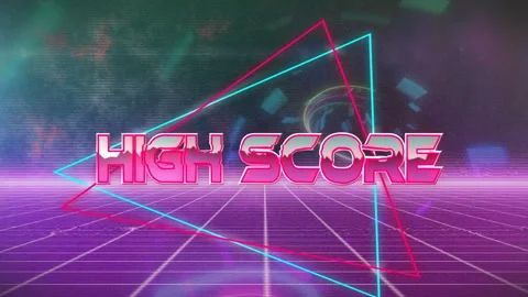 Glitching neon HIGH SCORE logo centering rotating sphere and pulsing grid to Stock Footage 310154098