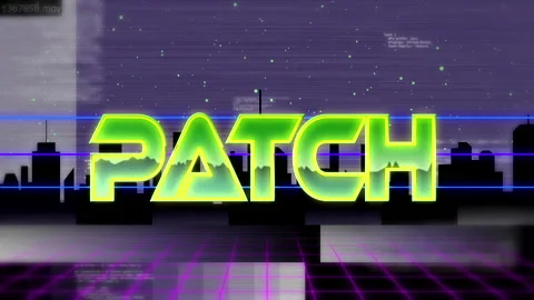 Glitching neon PATCH text revealing logo over cyberpunk skyline, with electric Stock Footage 311450597