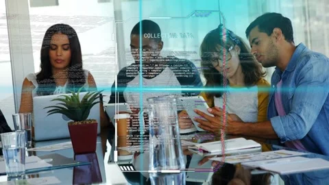 Glitching overlay initiating data collection, tech team reviewing tablet and Stock Footage 332844251