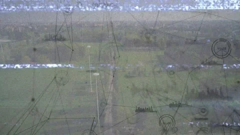 Glitching pane starting tech overlaying and noise bands, obscuring lamppost or Stock Footage 332285804