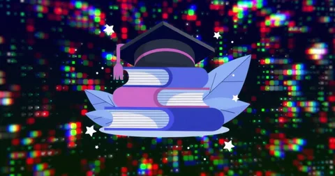 Glitching pixel blocks pulsing behind static graduation book stack with cap for Stock Footage 316095667
