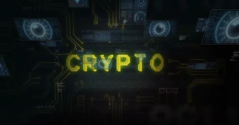 Glitching pixelated CRYPTO text pulsing on dark backdrop, showing gold circui Stock Illustration