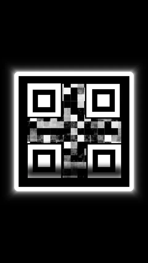 Glitching QR code with neon outline on black background. Glitching QR code .. Stock Footage 345720510