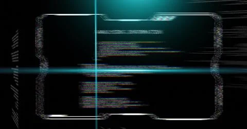 Glitching rounded terminal showing corrupted scanlines in dark digital void with Foto stock
