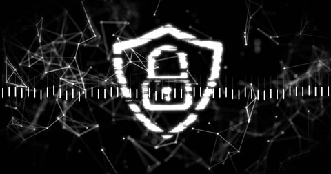 Glitching shield icon floating in digital network, showing equalizer bars and 動画素材 307428443