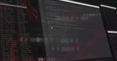 Glitching skull icon causing terminal sliding scrolling code with binary digits Stock Footage 317115725