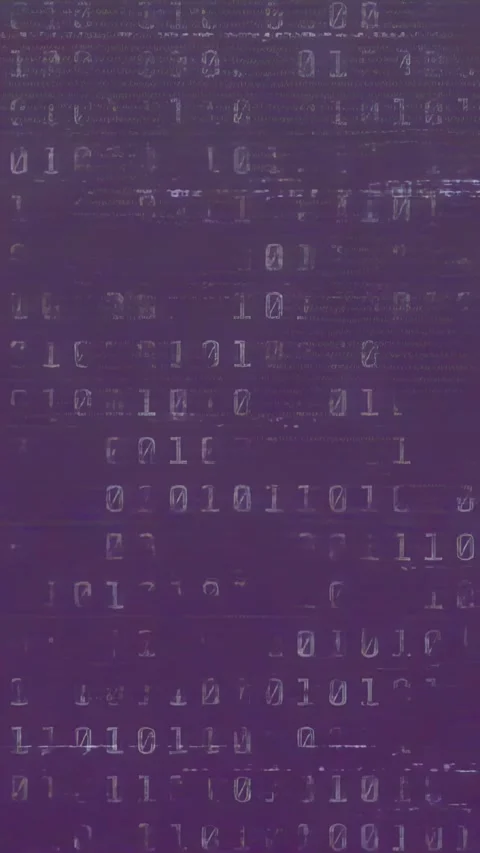 Glitching vertical frames displaying scattering of 0 and 1 over purple Stock Footage 330189587