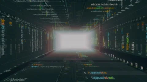 Glitchy code in a box, perspective 3d render with scrolling computer hacker Stock Footage 307292271