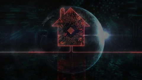 Glitchy data field opening, revealing neon circuit house icon pulsing glow Stock Footage 312657683